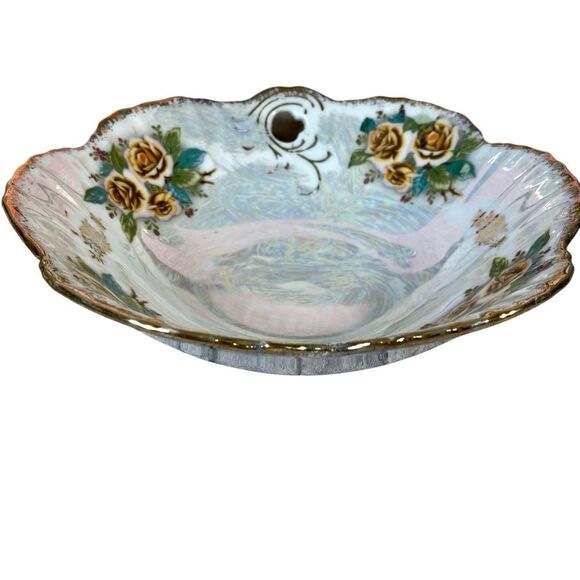 Beautiful Vintage Lusterware 8" Serving Bowl Scalloped Rim with Beautiful Rose - Picture 3 of 9
